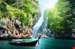 long-boat-and-rocks-on-railay-beach-in-krabi-thailand-Long Boat And Rocks On Railay Beach In Krabi Thailand